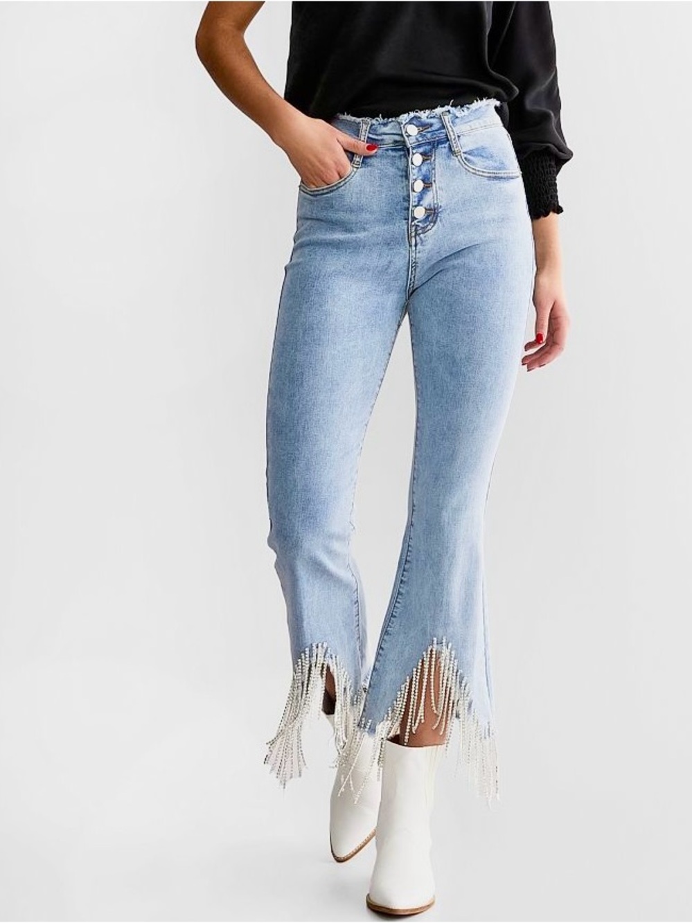 Blue B High-Rise Light Blue Rhinestone Fringe Flare Jeans